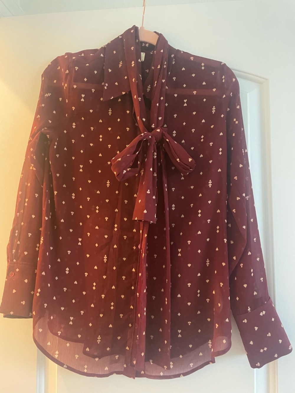 L'AGENCE Burgundy Blouse with Cream Heart Motif